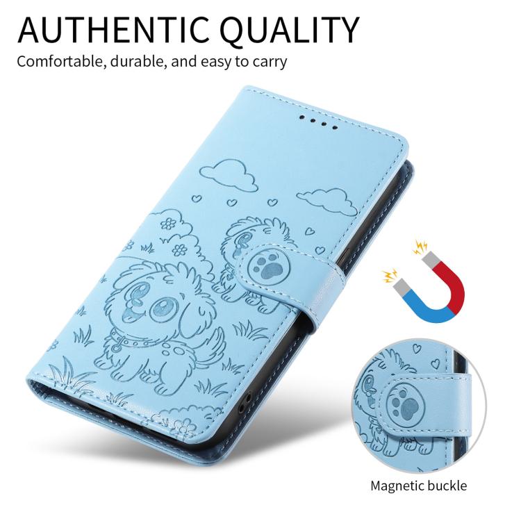 For Motorola Moto G04 / G24 / E14 Embossed Heart Dog RFID Blocking Wallet Leather Phone Case(Sky Blue) - free shipping - PMC TechLife - Order now!