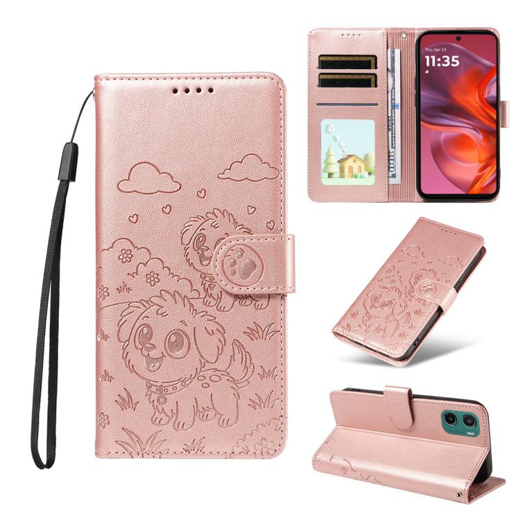 For Motorola Moto G05 / E15 Embossed Heart Dog RFID Blocking Wallet Leather Phone Case(Rose Gold) - free shipping - PMC TechLife - Order now!