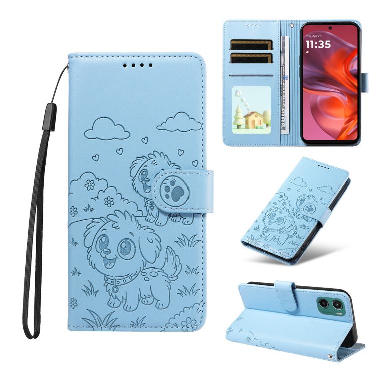 For Motorola Moto G05 / E15 Embossed Heart Dog RFID Blocking Wallet Leather Phone Case(Sky Blue) - free shipping - PMC TechLife - Order now!