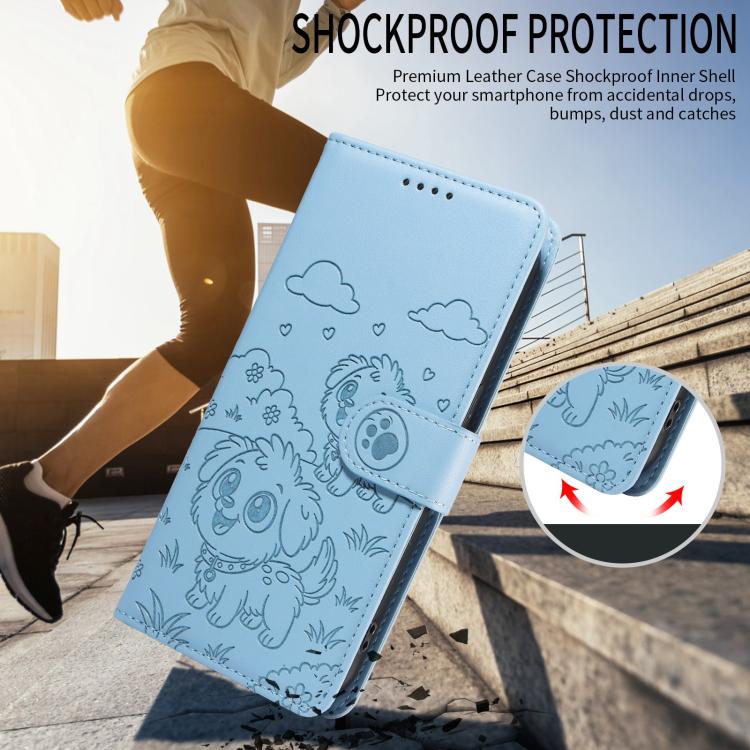 For Motorola Moto G05 / E15 Embossed Heart Dog RFID Blocking Wallet Leather Phone Case(Sky Blue) - free shipping - PMC TechLife - Order now!