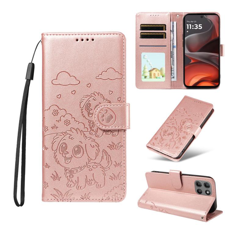 For Motorola Moto G15 / G15 Power Embossed Heart Dog RFID Blocking Wallet Leather Phone Case(Rose Gold) - free shipping - PMC TechLife - Order now!