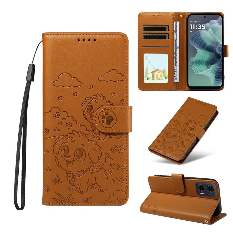 For Motorola Moto G35 5G Embossed Heart Dog RFID Blocking Wallet Leather Phone Case(Brown) - free shipping - PMC TechLife - Order now!