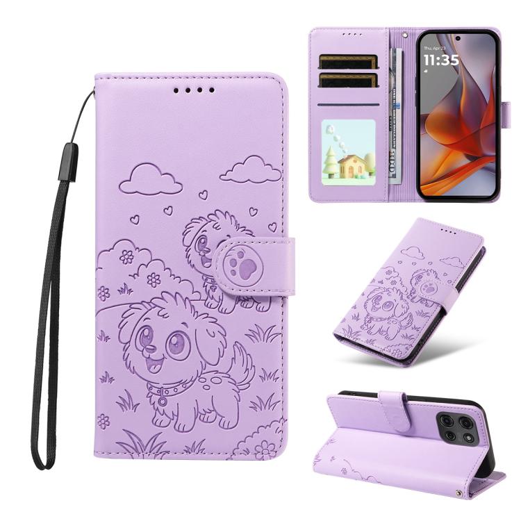 For Motorola Moto G75 5G Embossed Heart Dog RFID Blocking Wallet Leather Phone Case(Purple) - free shipping - PMC TechLife - Order now!