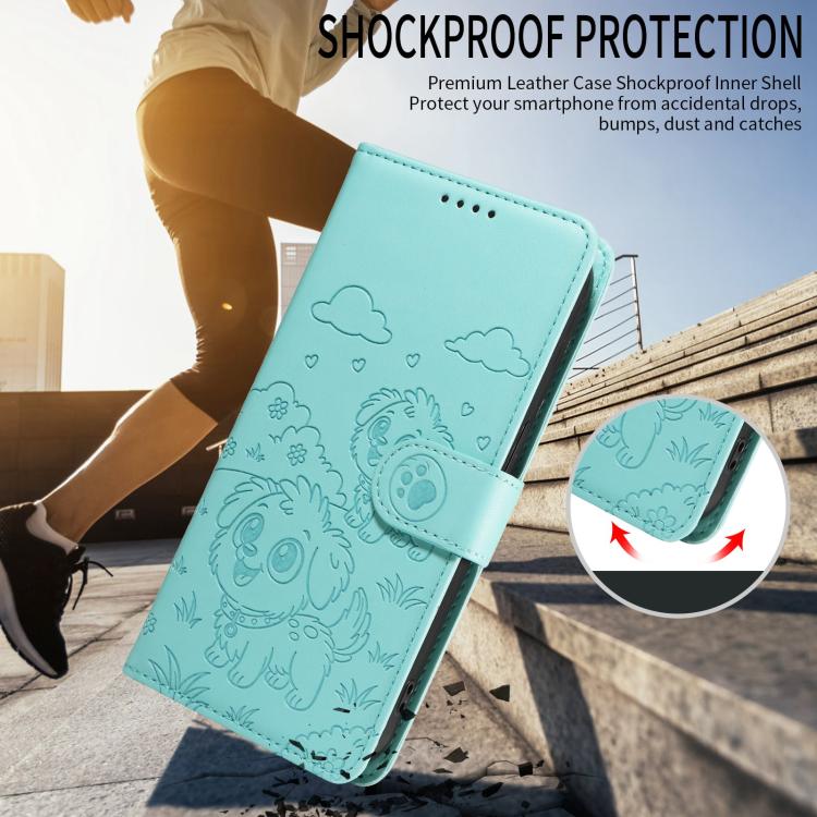 For Motorola Moto G85 5G Embossed Heart Dog RFID Blocking Wallet Leather Phone Case(Green) - free shipping - PMC TechLife - Order now!
