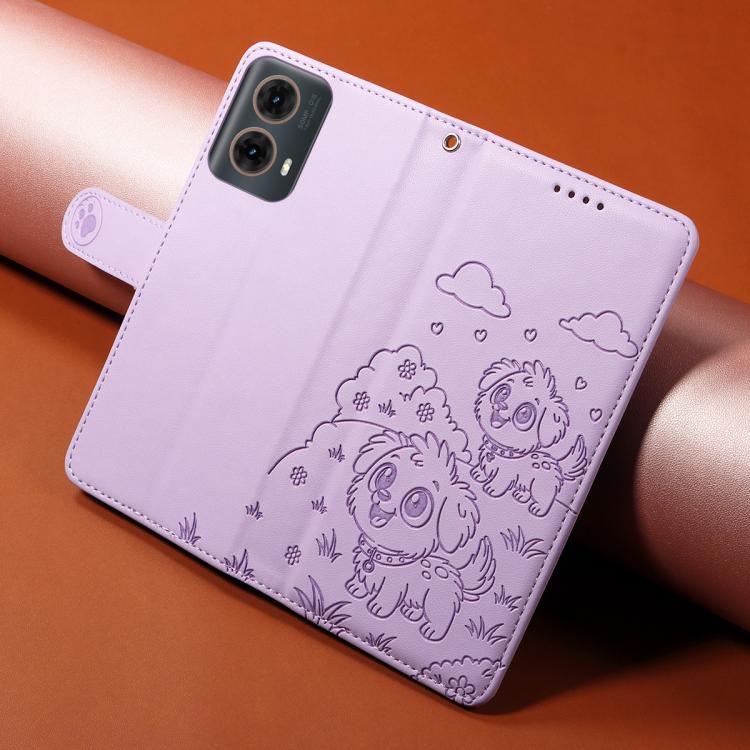 For Motorola Moto G85 5G Embossed Heart Dog RFID Blocking Wallet Leather Phone Case(Purple) - free shipping - PMC TechLife - Order now!