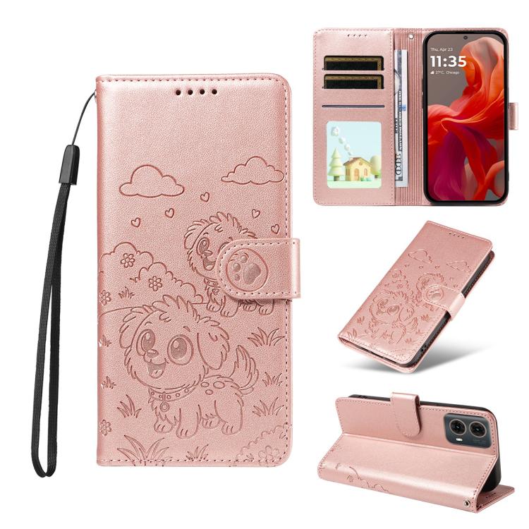 For Motorola Moto G85 5G Embossed Heart Dog RFID Blocking Wallet Leather Phone Case(Rose Gold) - free shipping - PMC TechLife - Order now!