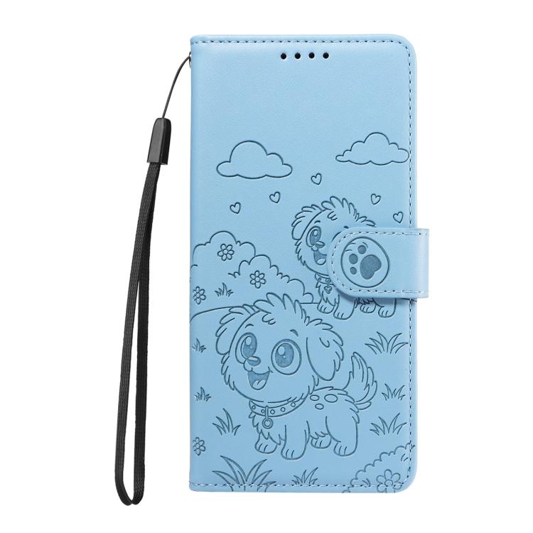 For Motorola Moto G85 5G Embossed Heart Dog RFID Blocking Wallet Leather Phone Case(Sky Blue) - free shipping - PMC TechLife - Order now!