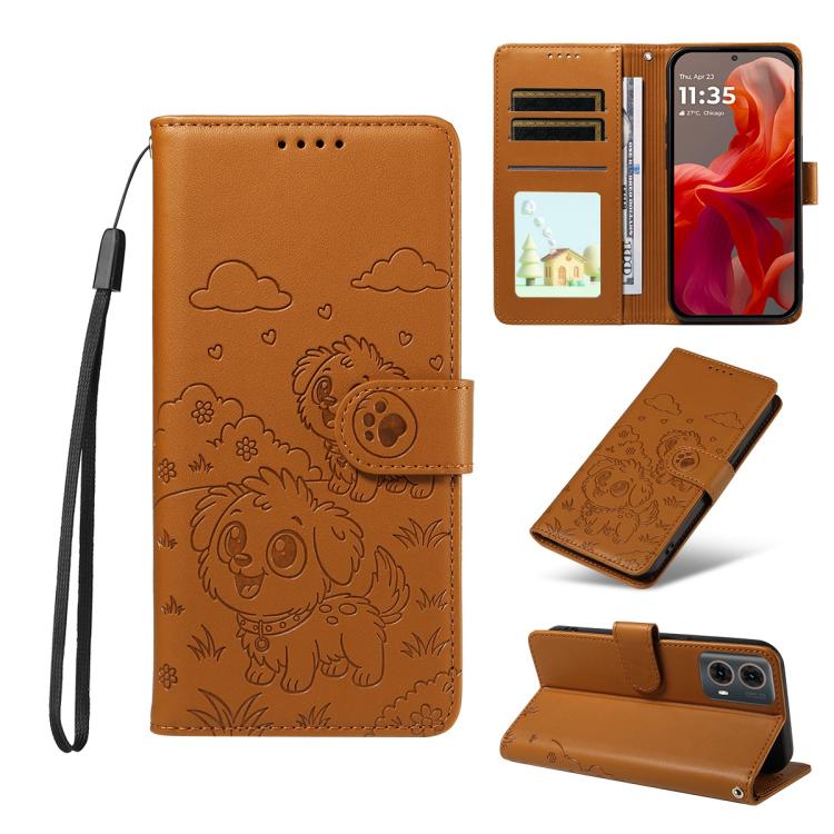 For Motorola Moto G85 5G Embossed Heart Dog RFID Blocking Wallet Leather Phone Case(Brown) - free shipping - PMC TechLife - Order now!