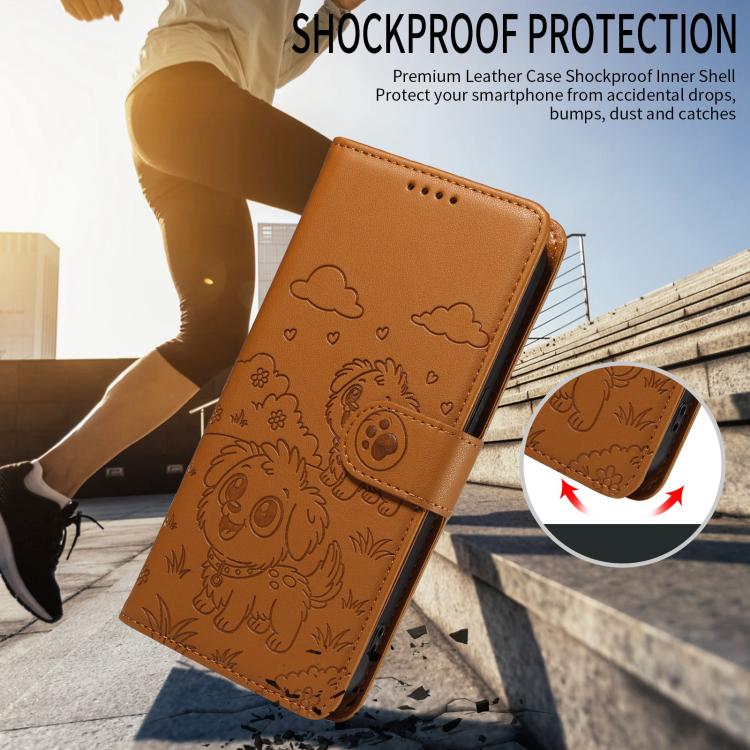 For Motorola Moto G85 5G Embossed Heart Dog RFID Blocking Wallet Leather Phone Case(Brown) - free shipping - PMC TechLife - Order now!