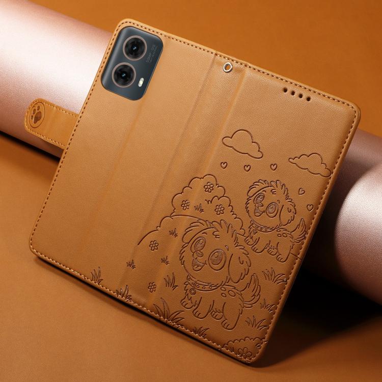 For Motorola Moto G85 5G Embossed Heart Dog RFID Blocking Wallet Leather Phone Case(Brown) - free shipping - PMC TechLife - Order now!