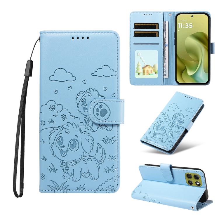 For Motorola Moto G86 5G Embossed Heart Dog RFID Blocking Wallet Leather Phone Case(Sky Blue) - free shipping - PMC TechLife - Order now!