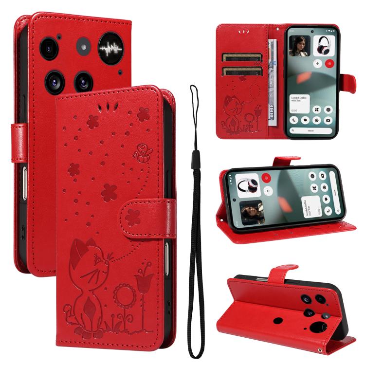 For Nothing Phone 3 Cat and Bee Embossed Flip Leather Phone Case(Red) - free shipping - PMC TechLife - Order now!