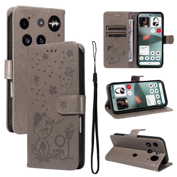 For Nothing Phone 3 Cat and Bee Embossed Flip Leather Phone Case(Grey) - free shipping - PMC TechLife - Order now!