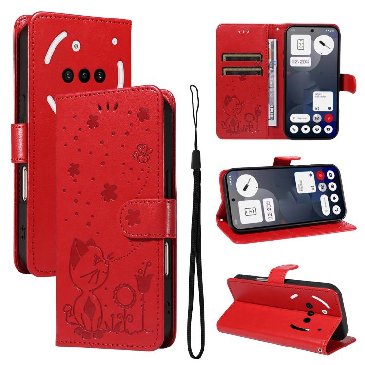 For Nothing Phone 3A Cat and Bee Embossed Flip Leather Phone Case(Red) - free shipping - PMC TechLife - Order now!