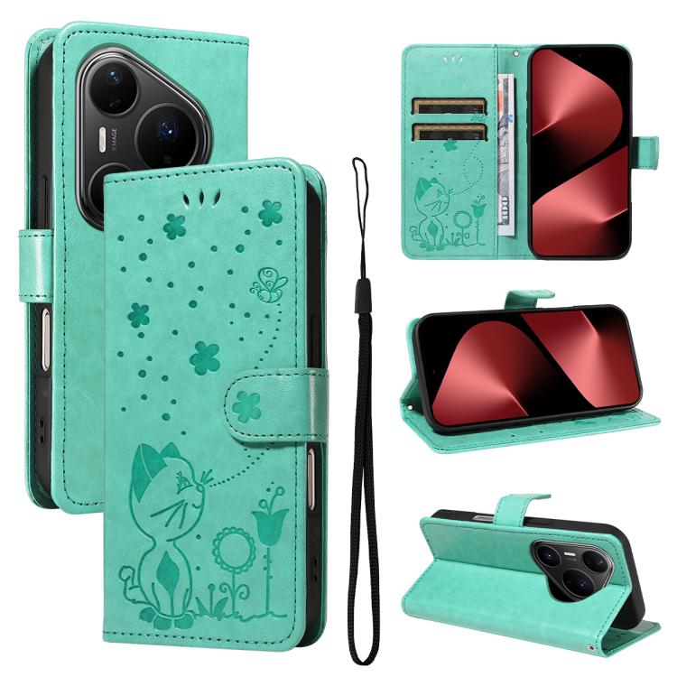 For Huawei Pura 80 Pro 5G Cat and Bee Embossed Flip Leather Phone Case(Green) - free shipping - PMC TechLife - Order now!