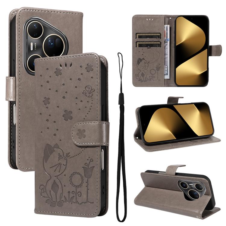 For Huawei Pura 80 Ultra 5G Cat and Bee Embossed Flip Leather Phone Case(Grey) - free shipping - PMC TechLife - Order now!