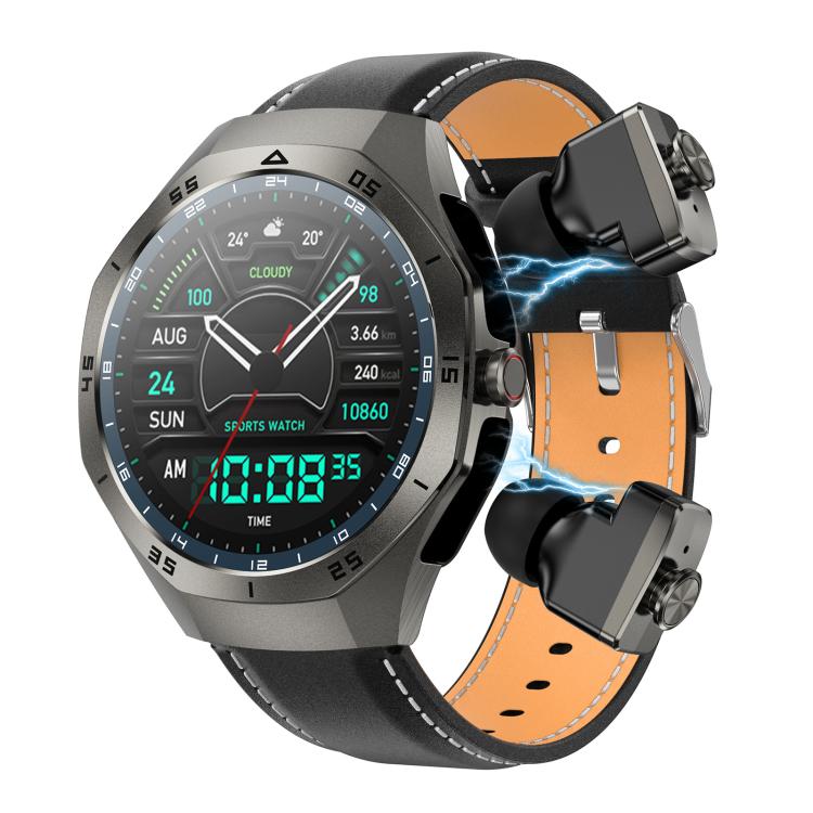F38 Dual-ear Bluetooth Earphone Smart Watch IP67 Supports Heart Rate Monitoring, Watchband:Leather(Black) - free shipping - PMC TechLife - Order now!
