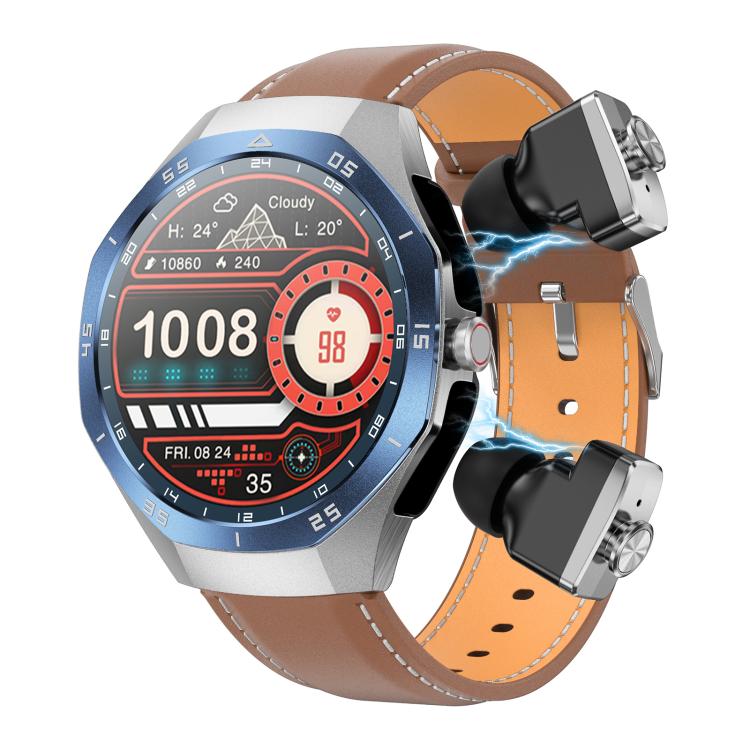 F38 Dual-ear Bluetooth Earphone Smart Watch IP67 Supports Heart Rate Monitoring, Watchband:Leather(Silver) - free shipping - PMC TechLife - Order now!