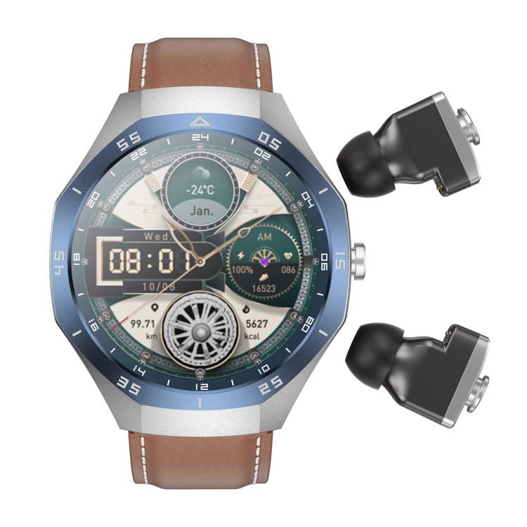 F38 Dual-ear Bluetooth Earphone Smart Watch IP67 Supports Heart Rate Monitoring, Watchband:Leather(Silver) - free shipping - PMC TechLife - Order now!