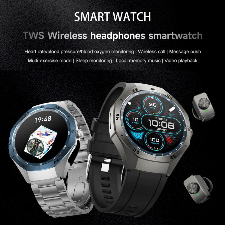 F38 Dual-ear Bluetooth Earphone Smart Watch IP67 Supports Heart Rate Monitoring, Watchband:Leather(Silver) - free shipping - PMC TechLife - Order now!