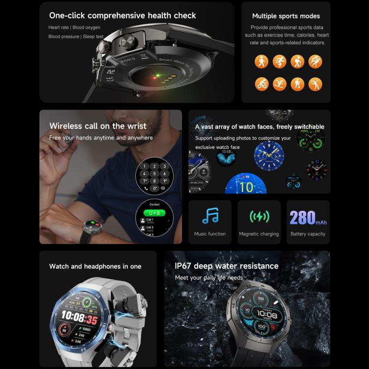 F38 Dual-ear Bluetooth Earphone Smart Watch IP67 Supports Heart Rate Monitoring, Watchband:Silicone(Black) - free shipping - PMC TechLife - Order now!