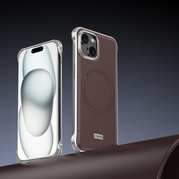 For iPhone 15 J TRIBE Metal Frameless Plain Leather MagSafe Phone Case(Brown) - free shipping - PMC TechLife - Order now!