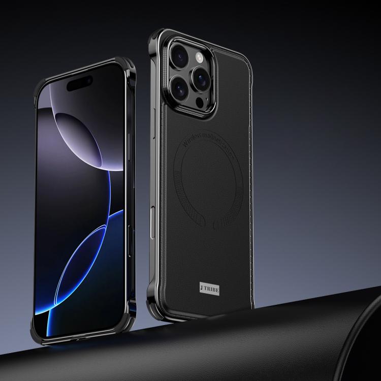 For iPhone 15 Pro J TRIBE Metal Frameless Plain Leather MagSafe Phone Case(Black) - free shipping - PMC TechLife - Order now!