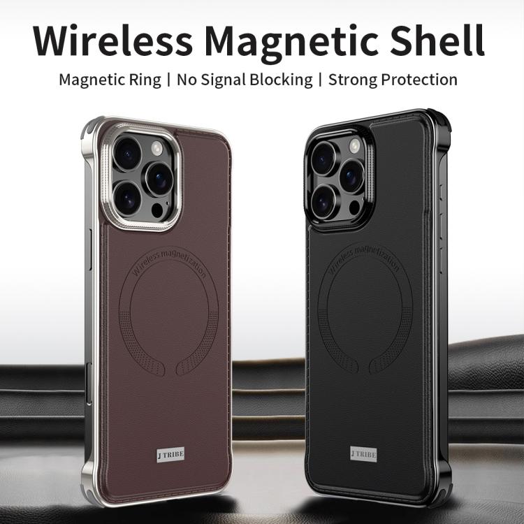 For iPhone 16 Pro Max J TRIBE Metal Frameless Plain Leather MagSafe Phone Case(Brown) - free shipping - PMC TechLife - Order now!