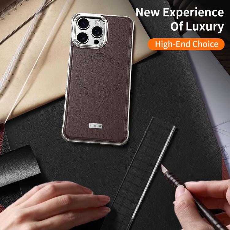 For iPhone 15 Pro J TRIBE Metal Frameless Plain Leather MagSafe Phone Case(Brown) - free shipping - PMC TechLife - Order now!