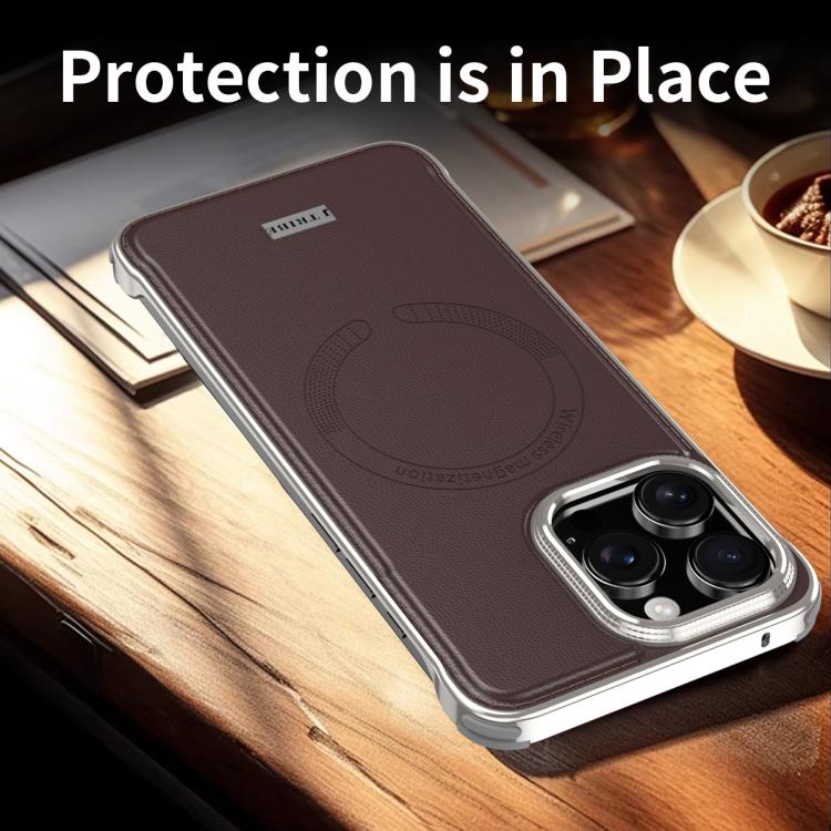 For iPhone 15 Pro J TRIBE Metal Frameless Plain Leather MagSafe Phone Case(Brown) - free shipping - PMC TechLife - Order now!