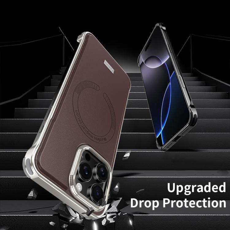 For iPhone 16 Pro Max J TRIBE Metal Frameless Plain Leather MagSafe Phone Case(Brown) - free shipping - PMC TechLife - Order now!