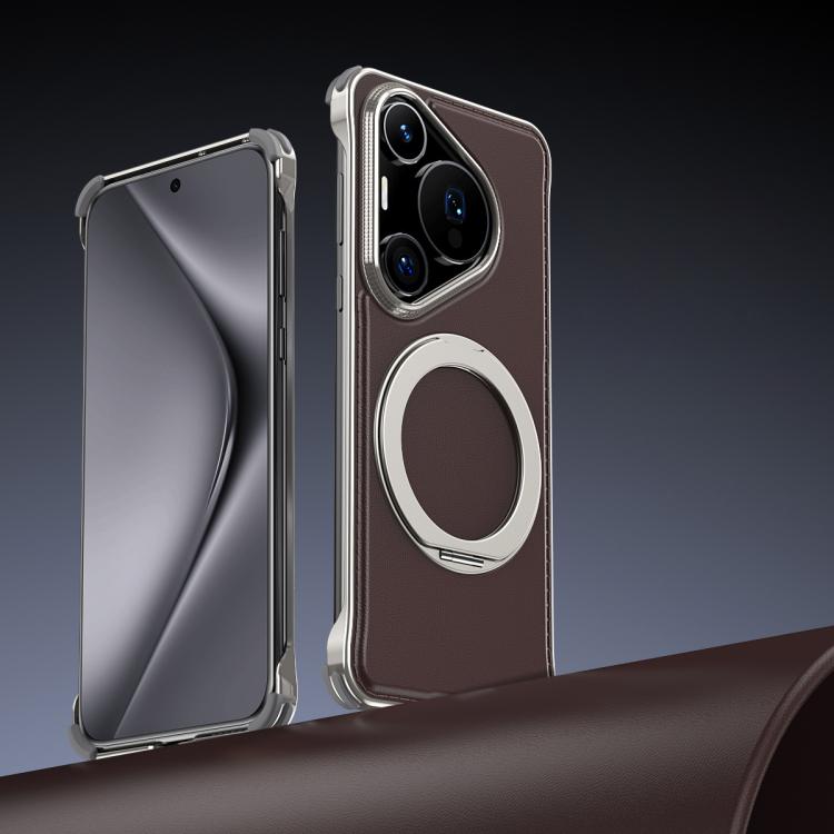 For Huawei Pura 70 Metal Frameless Plain Leather MagSafe Holder Phone Case(Brown) - free shipping - PMC TechLife - Order now!