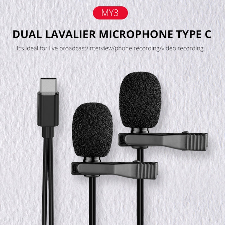 YELANGU MY3 Type-C Interface Live Broadcast Interview Mobile Phone Double Clip Lavalier Microphone, Length: 2.5m - free shipping - PMC TechLife - Order now!