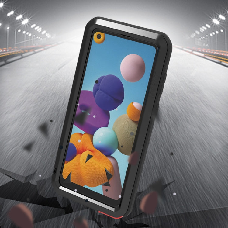 For Samsung Galaxy A21 (US Version) LOVE MEI Metal Shockproof Waterproof Dustproof Protective Case with Glass(Black) - free shipping - PMC TechLife - Order now!