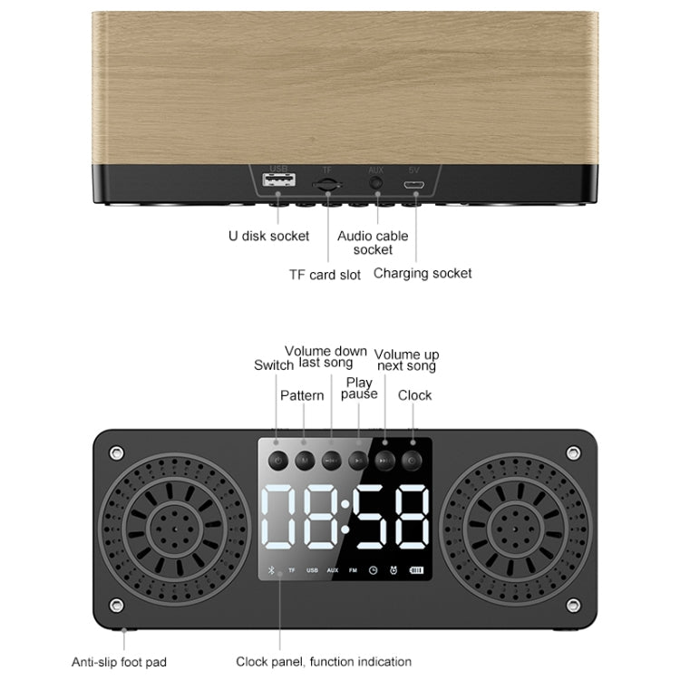 A10 Subwoofer Wooden Clock Bluetooth 5.0 Speaker, Support TF Card & U Disk Play & FM Radio(Yellow) - Desktop Speaker by PMC TechLife | Online Shopping South Africa | PMC TechLife
