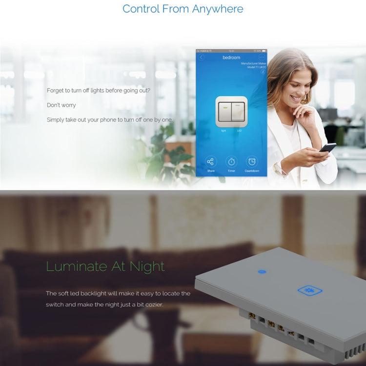 WS-US-02 EWeLink APP & Touch Control 2A 2 Gangs Tempered Glass Panel Smart Wall Switch, AC 90V-250V, US Plug - Smart Socket by PMC TechLife | Online Shopping South Africa | PMC TechLife | Buy Now Pay Later Mobicred