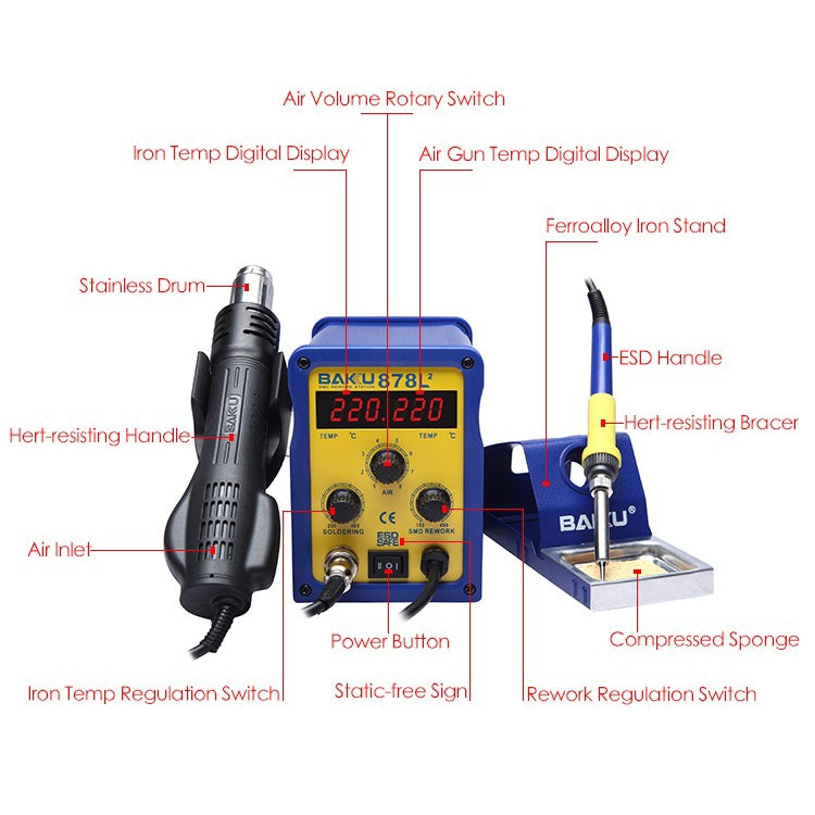 BAKU BK-878L2 AC 110V LED Display 2 in 1 Hot Air Gun Soldering Iron Soldering Station - free shipping - PMC TechLife - Order now!