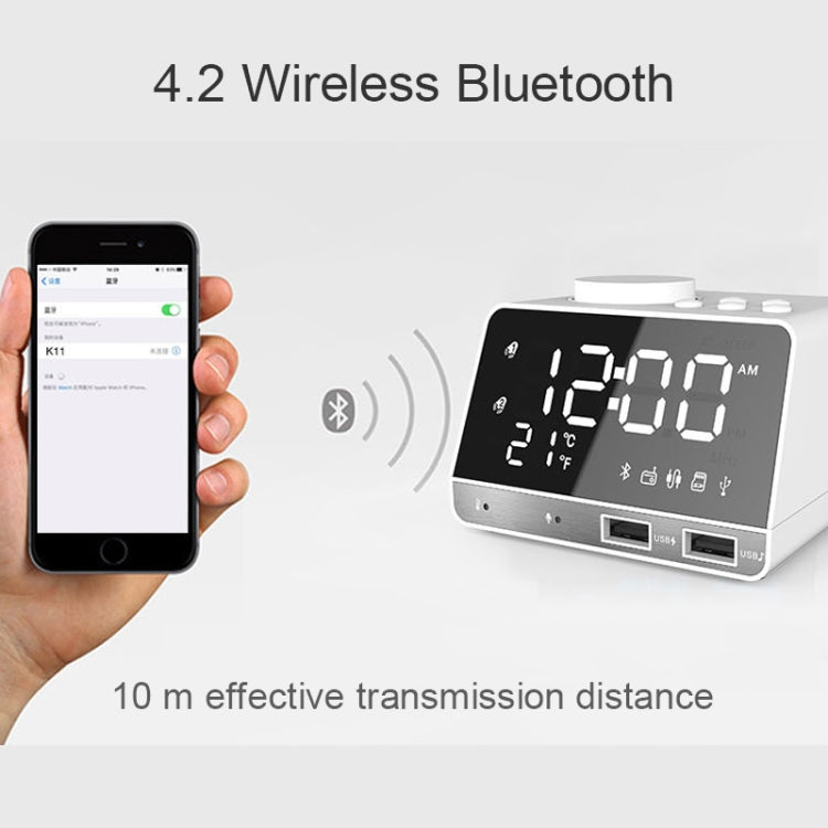 K11 Bluetooth Alarm Clock Speaker Creative Digital Music Clock Display Radio with Dual USB Interface, Support U Disk / TF Card / FM / AUX, UK Plug(White) - Alarm Clocks by PMc TechLife | Online Shopping South Africa | PMc TechLife | Buy Now Pay Later Mobicred