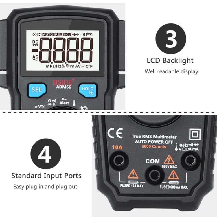 BSIDE ADM66 Handheld Household 6000 Count AC / DC Current Voltage Capacitor Automatic Range Multimeter with LCD Backlight & Card Slot Function - free shipping - PMC Jewellery - Order now!