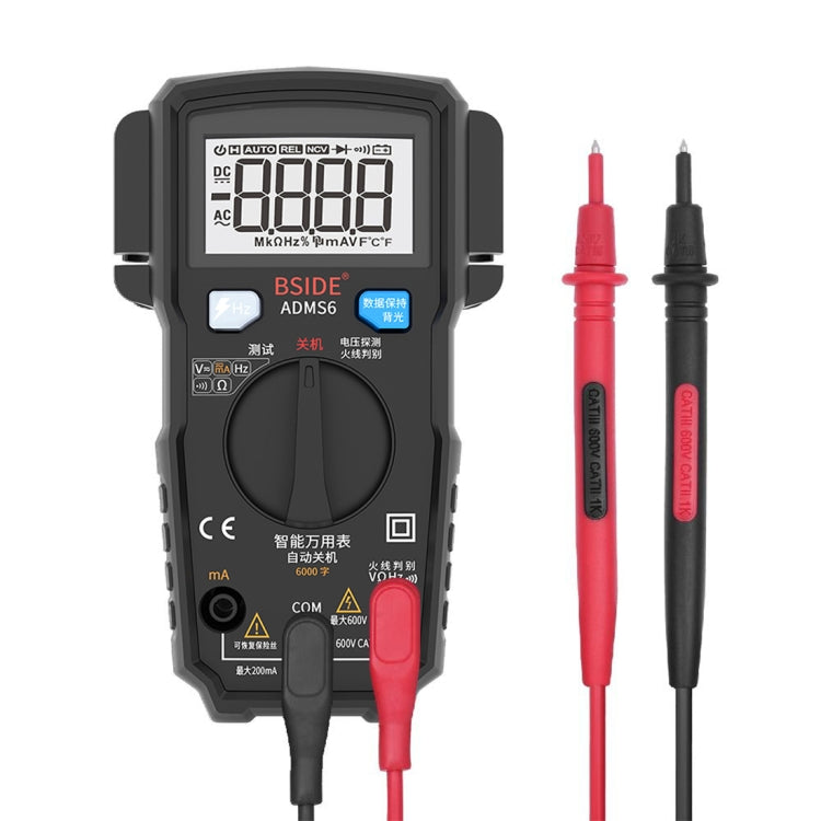 BSIDE ADMS6 High-precision Fully Automatic Small Digital Intelligent Multimeter with HD Digital Display & Shockproof Cover, Support Function Range Switch & Double-sided Pen Holder (Black) - Digital Multimeter by PMC TechLife | Online Shopping South Africa | PMC TechLife | Buy Now Pay Later Mobicred