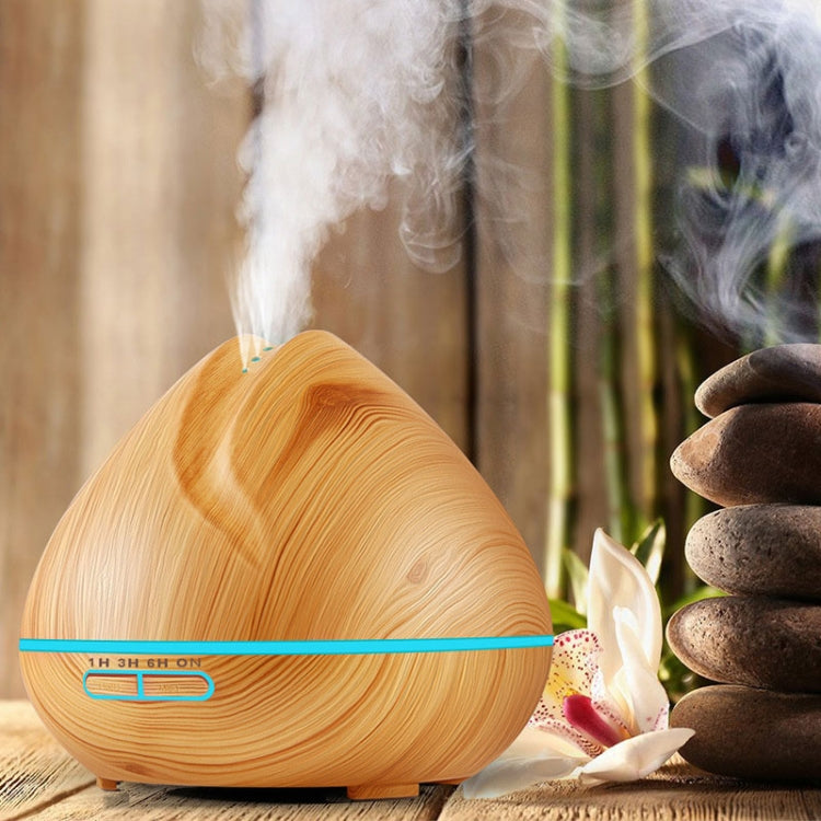 Peach Shape Wood Grain Remote Control Ultrasonic Humidifier Aromatherapy Machine Automatic Alcohol Sprayer with LED Lights, Capacity: 400mL, EU Plug (Dark Wood Color) - free shipping - PMC TechLife - Order now!