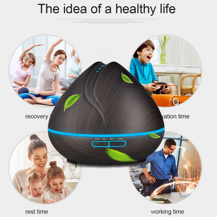 Peach Shape Wood Grain Remote Control Ultrasonic Humidifier Aromatherapy Machine Automatic Alcohol Sprayer with LED Lights, Capacity: 400mL, UK Plug (Dark Wood Color) - free shipping - PMC TechLife - Order now!