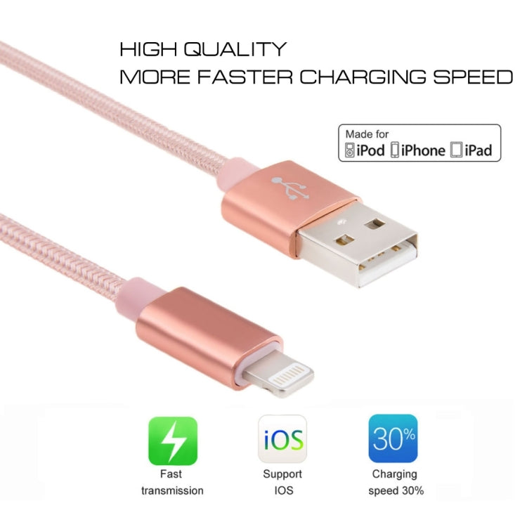3m 3A Woven Style Metal Head 8 Pin to USB Data / Charger Cable(Rose Gold) - Normal Style Cable by PMC Jewellery | Online Shopping South Africa | PMC Jewellery | Buy Now Pay Later Mobicred