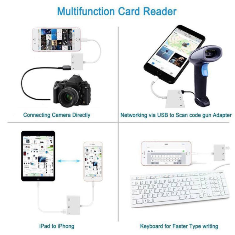 3 in 1 Multi-function 8 Pin + 3.5mm + USB 3.0 OTG to 8 Pin Male Fast Charging & Music Audio & Card Reading Adapter (White) - Converter & Adapter by PMC TechLife | Online Shopping South Africa | PMC TechLife