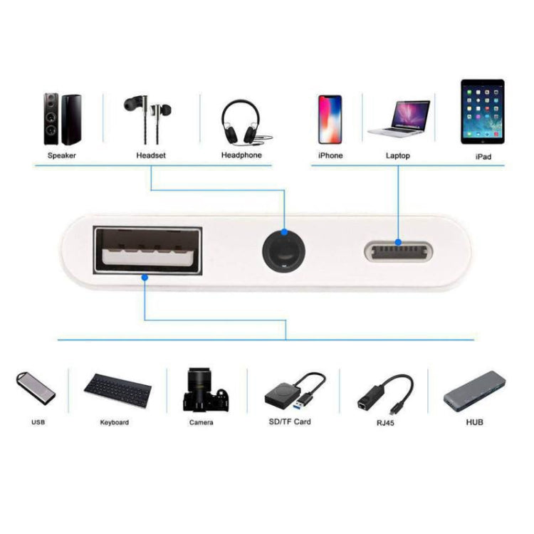 3 in 1 Multi-function 8 Pin + 3.5mm + USB 3.0 OTG to 8 Pin Male Fast Charging & Music Audio & Card Reading Adapter (White) - Converter & Adapter by PMC TechLife | Online Shopping South Africa | PMC TechLife
