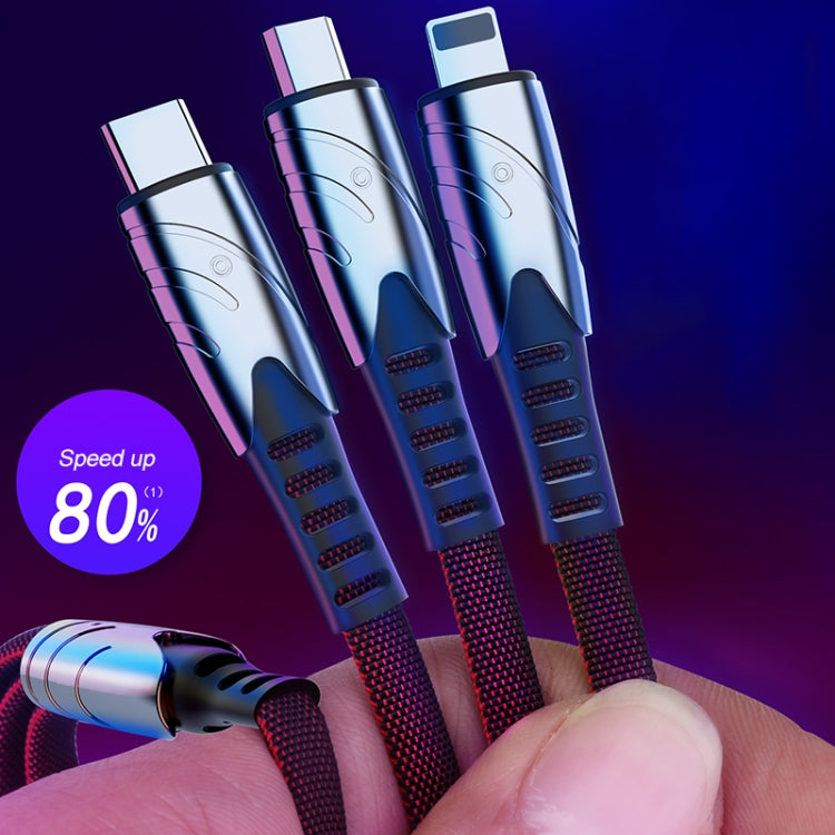 K051 1.2m 3 in 1 USB to 8 Pin + USB-C / Type-C + Micro USB Shark Fabric Data Cable(Black) - Multifunction Cable by PMC Jewellery | Online Shopping South Africa | PMC Jewellery | Buy Now Pay Later Mobicred