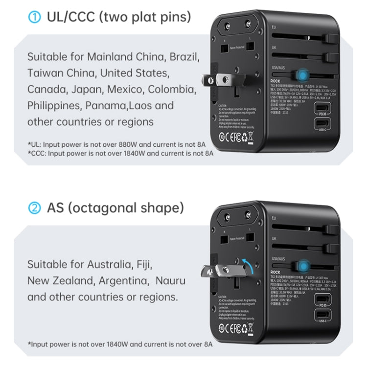 ROCK T62 35.5W Global Travel Multifunctional Plug PD Charger Power Adapter(Black) - free shipping - PMC TechLife - Order now!