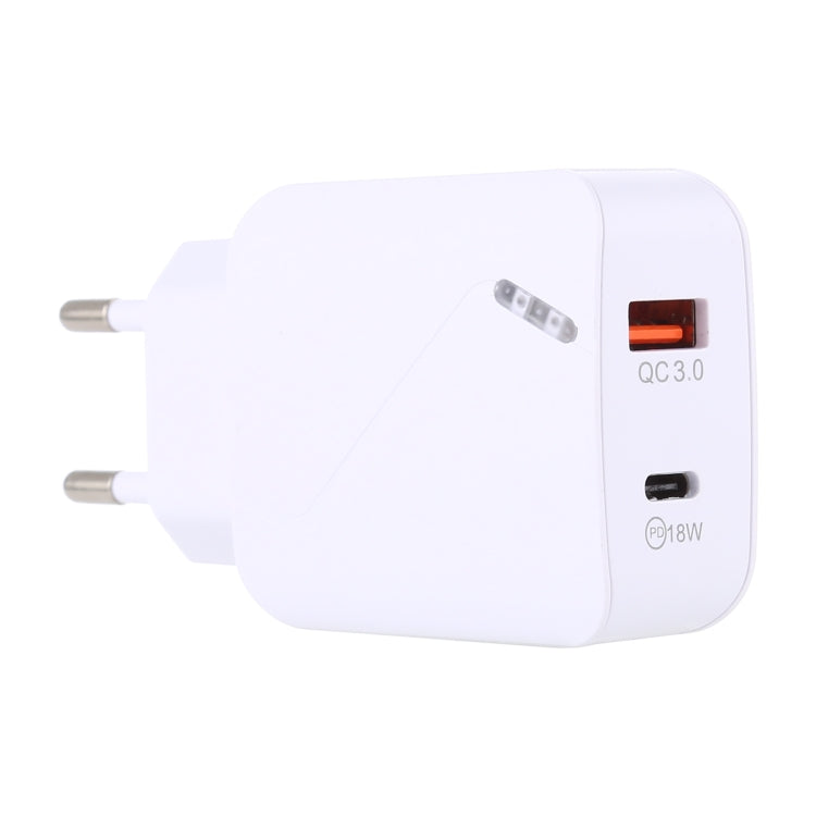LZ-819A+C QC3.0 USB + PD 18W USB-C / Type-C Interfaces Travel Charger with Indicator Light, EU Plug (White) - free shipping - PMC Jewellery - Order now!