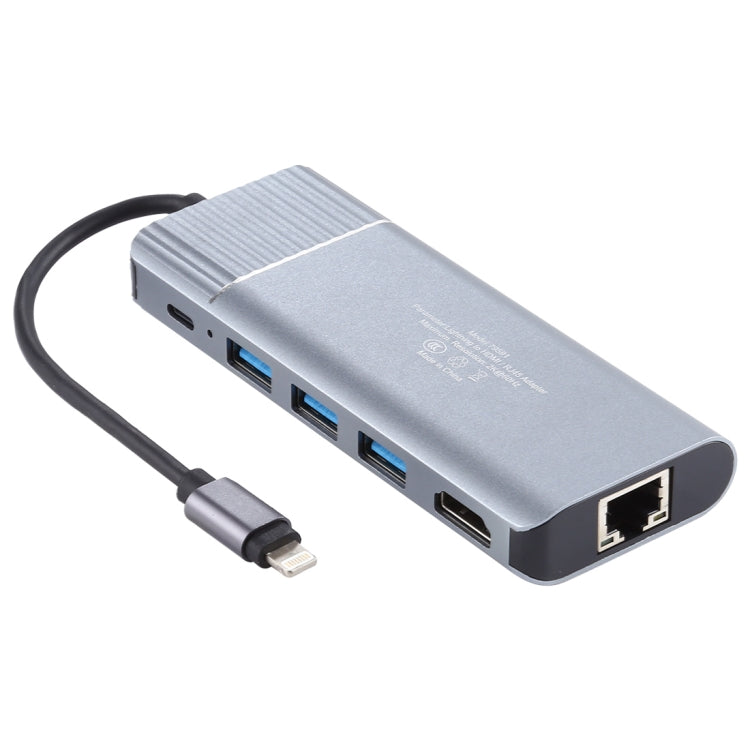 6 in 1 USB 2.0 x 3 + HDMI + RJ45 + 8 Pin Female Charging Port to 8 Pin Male Multi-function Dock Station Adapter - Converter & Adapter by PMC Jewellery | Online Shopping South Africa | PMC Jewellery | Buy Now Pay Later Mobicred