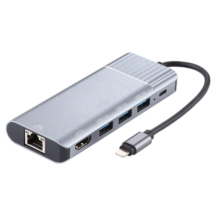 6 in 1 USB 2.0 x 3 + HDMI + RJ45 + 8 Pin Female Charging Port to 8 Pin Male Multi-function Dock Station Adapter - Converter & Adapter by PMC Jewellery | Online Shopping South Africa | PMC Jewellery | Buy Now Pay Later Mobicred